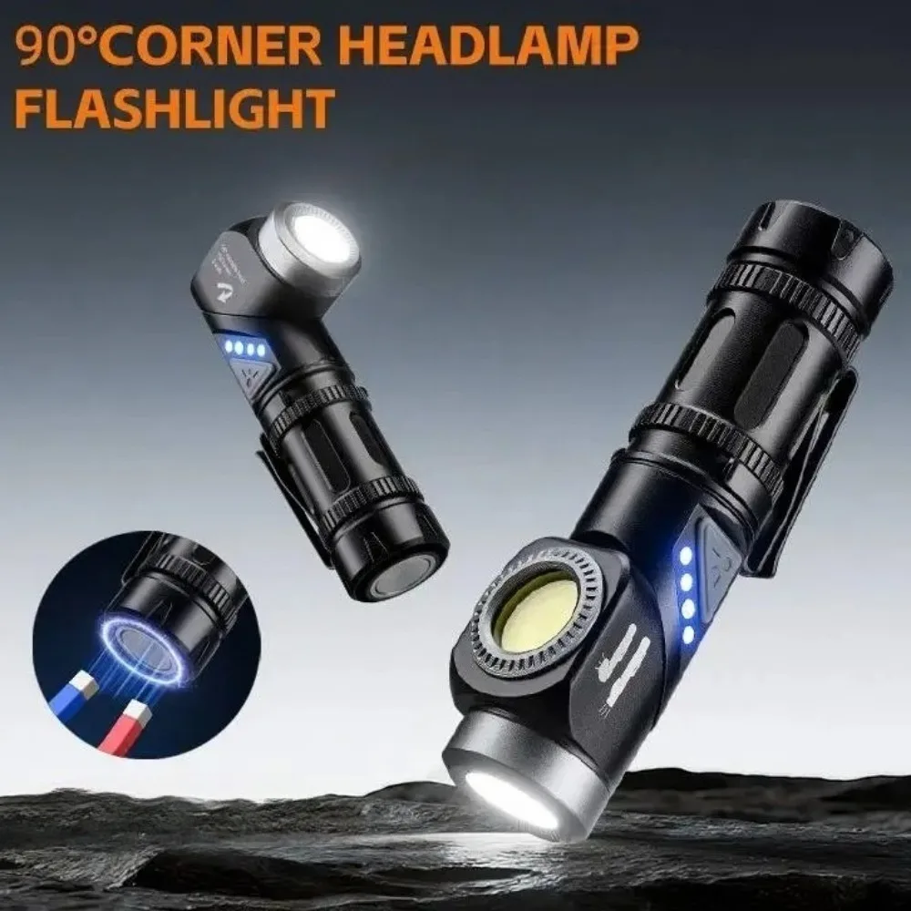 Rechargeable LED Flashlight with 90° Rotate Head Pocket Torch with Magnetic Base Emergency Headlight for Outdoor Hiking Camping