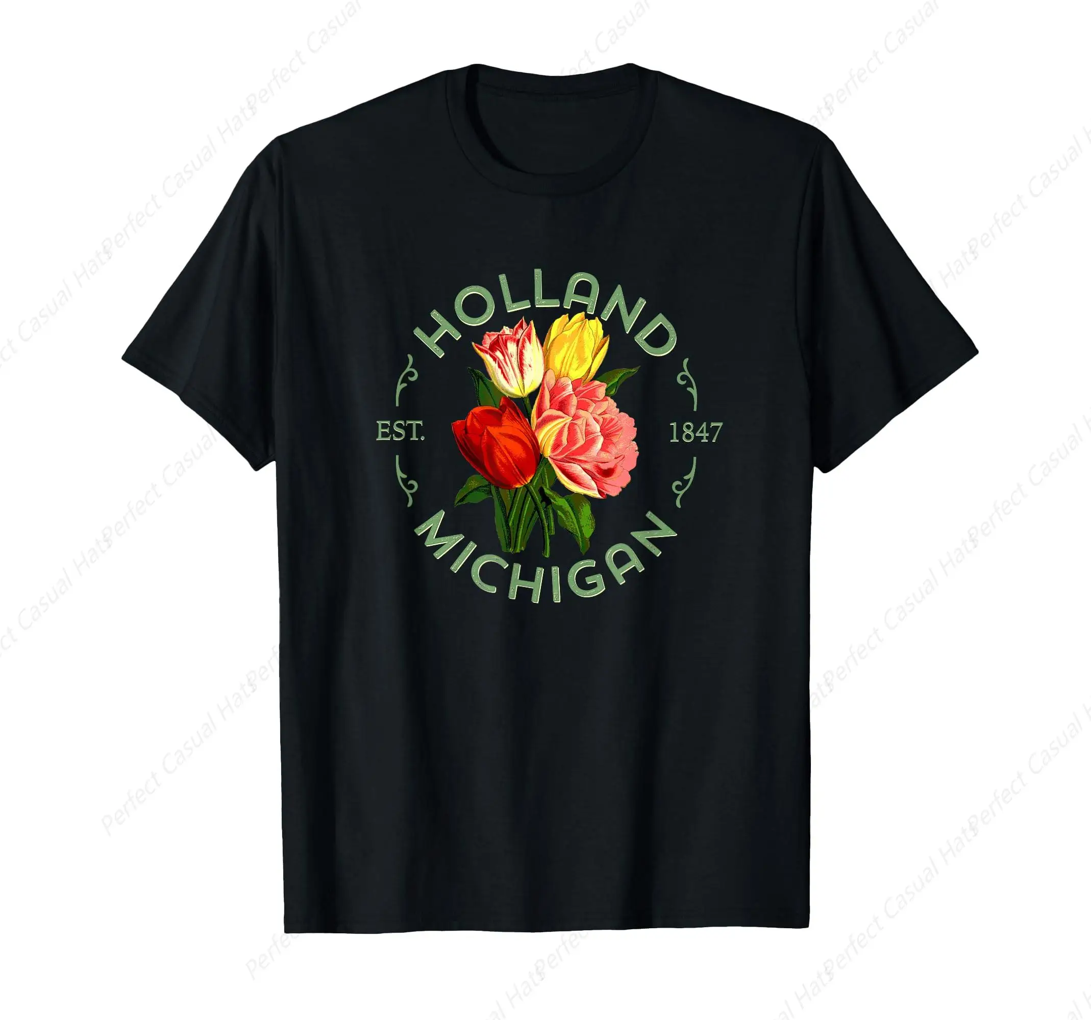 

Vintage Holland Michigan Botanical Tulip Floral Women Men Gardener T-Shirt Flower Lover Gift Cotton Shirt