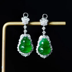 New natural high ice transparent glass emperor green gourd earrings elegant charm creative retro female silver jewelry