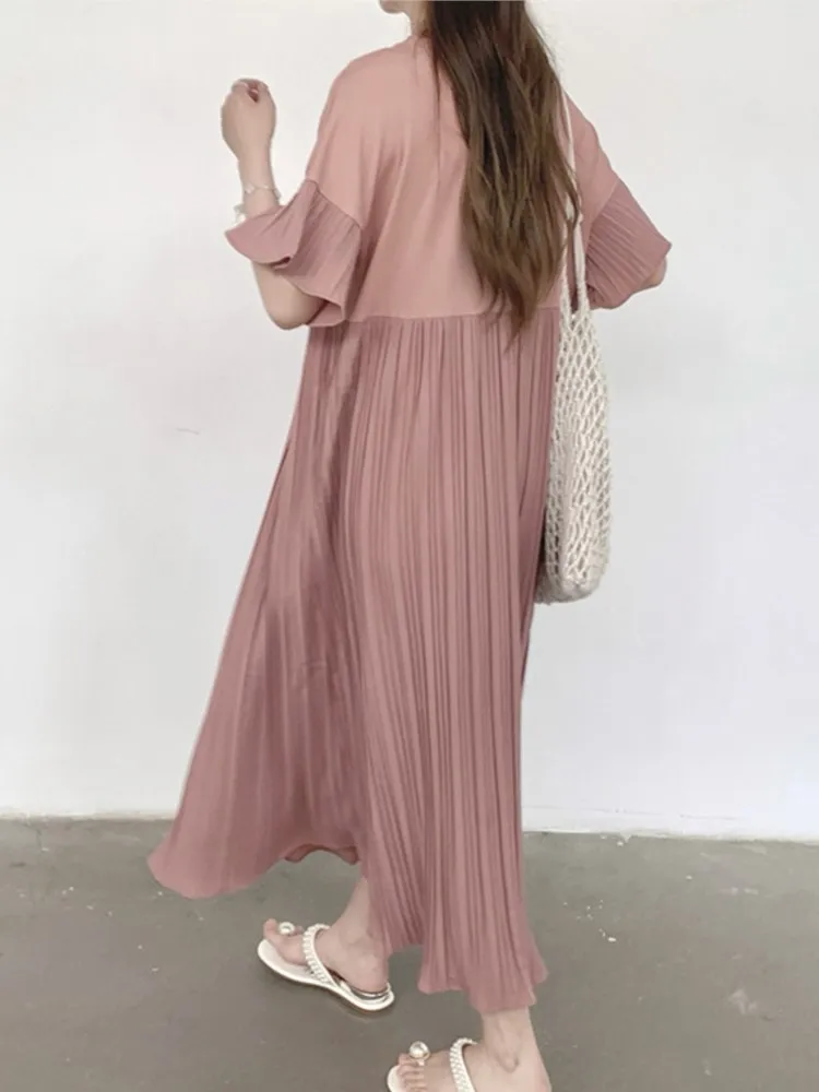فستان صيفي بطيات مقاس كبير فستان نسائي كوري أنيق فستان فضفاض من Vestidos رداء Elbise فساتين للسيدات فساتين مرقعة