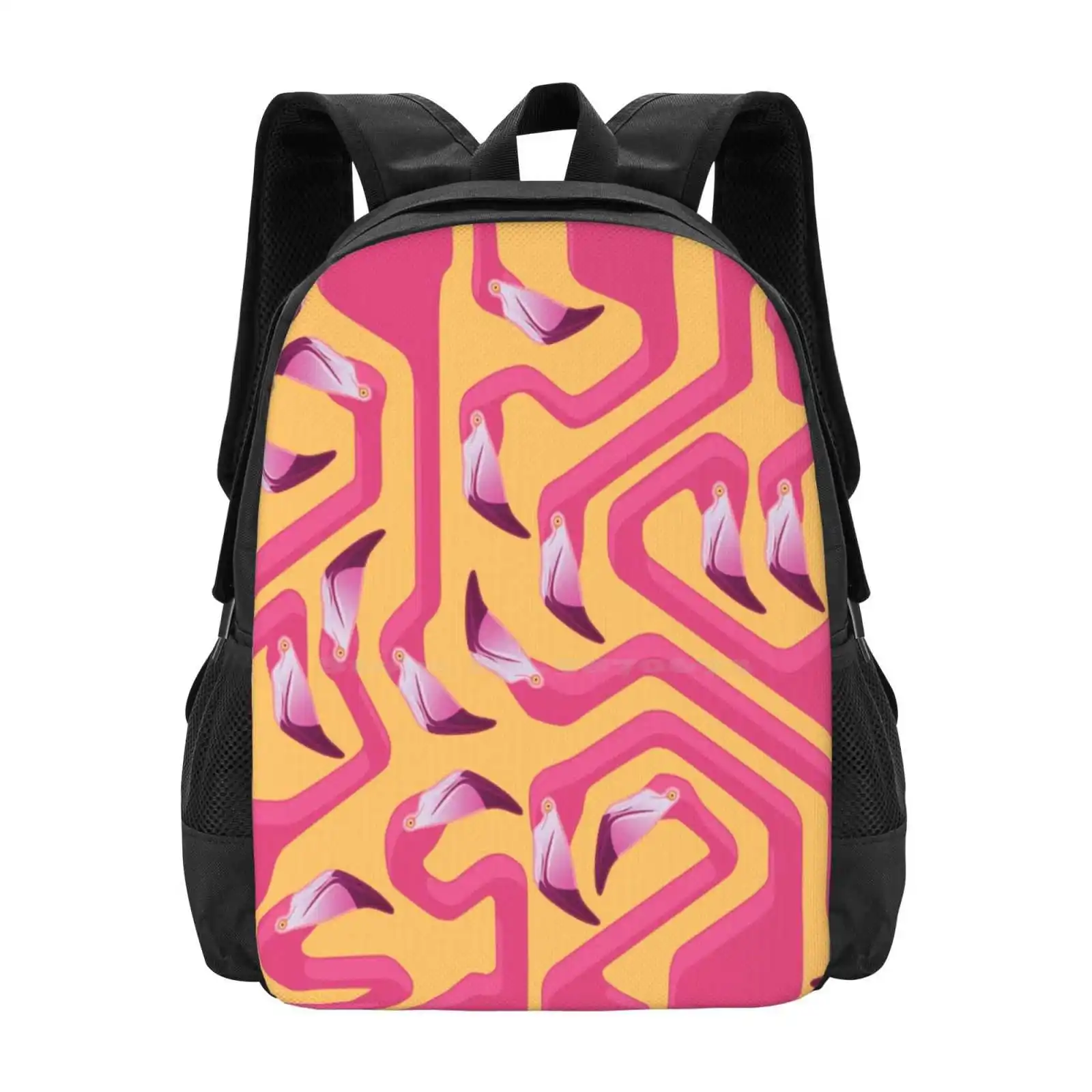 

Flamingo Maze Backpacks For School Teenagers Girls Travel Bags Flock Flamingoes Tropical Birds Geometric Pink Yellow Graphic