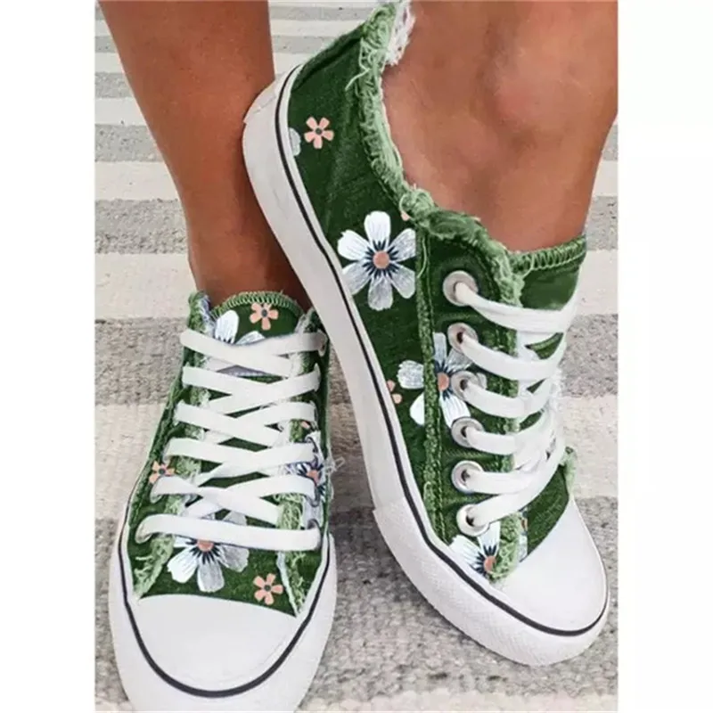 2022 New Women Comfortable  Denim Canvas Flats Flower Vulcanized Female Summer Fashion Lace-up Sneakers Ladies Casual Shoes