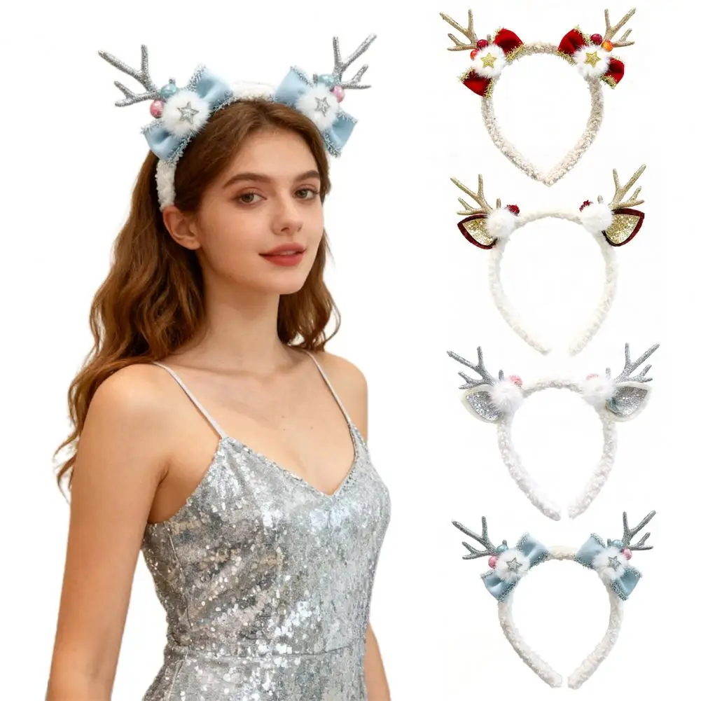 Christmas Headband Women Elk Hairpin Fleece Reindeer Antlers Headband with Bow Pompoms for Xmas Party Cosplay Accessory