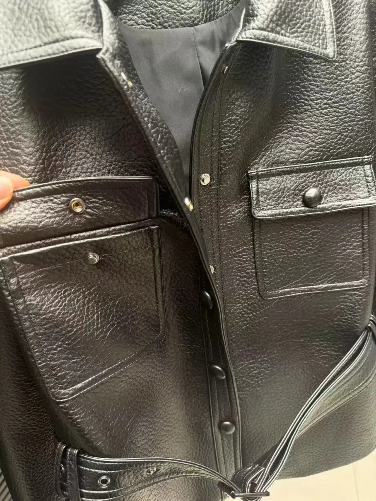 디자이너 여성 빈티지 천연 가죽 재킷 하이 스트리트 턴다운 칼라 싱글 브레스티드 허리띠 펑크 양가죽 모터사이클 코트