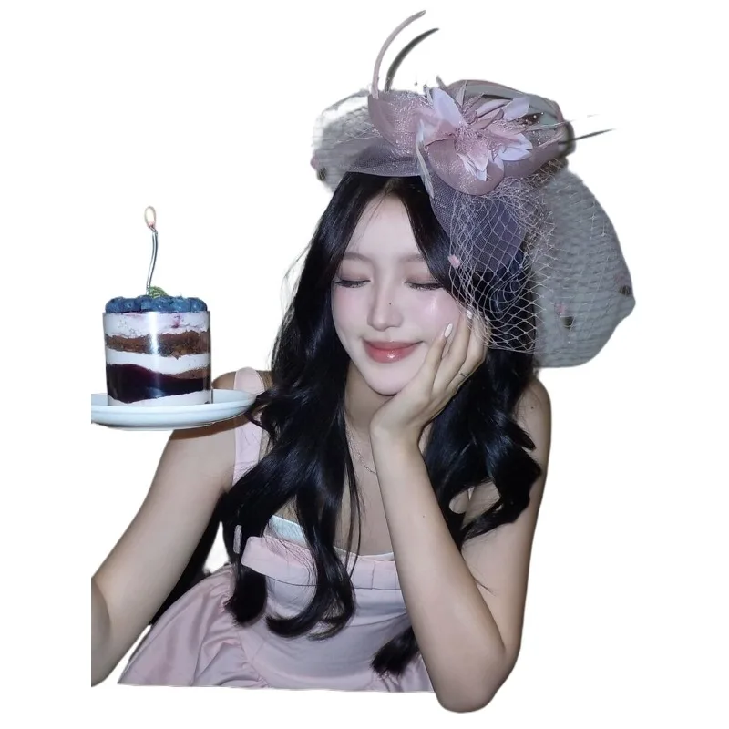 Republic of China celebrity pink mesh top hat French dress accessories bridal veil hair accessories