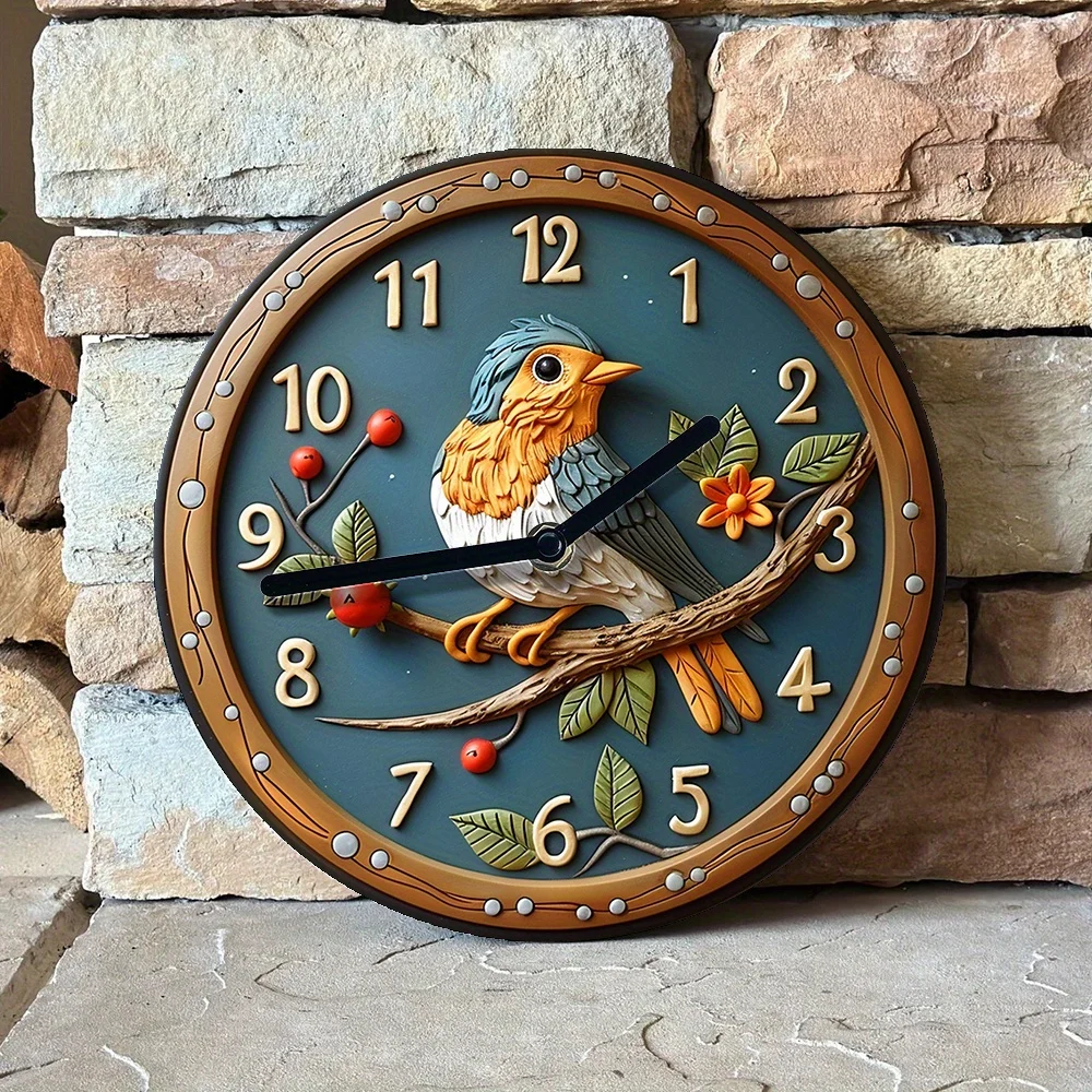 

Aluminum Wall Clock With 2D Effects - Diy, Autumn & Easter Decor, Robin Theme For Living Room