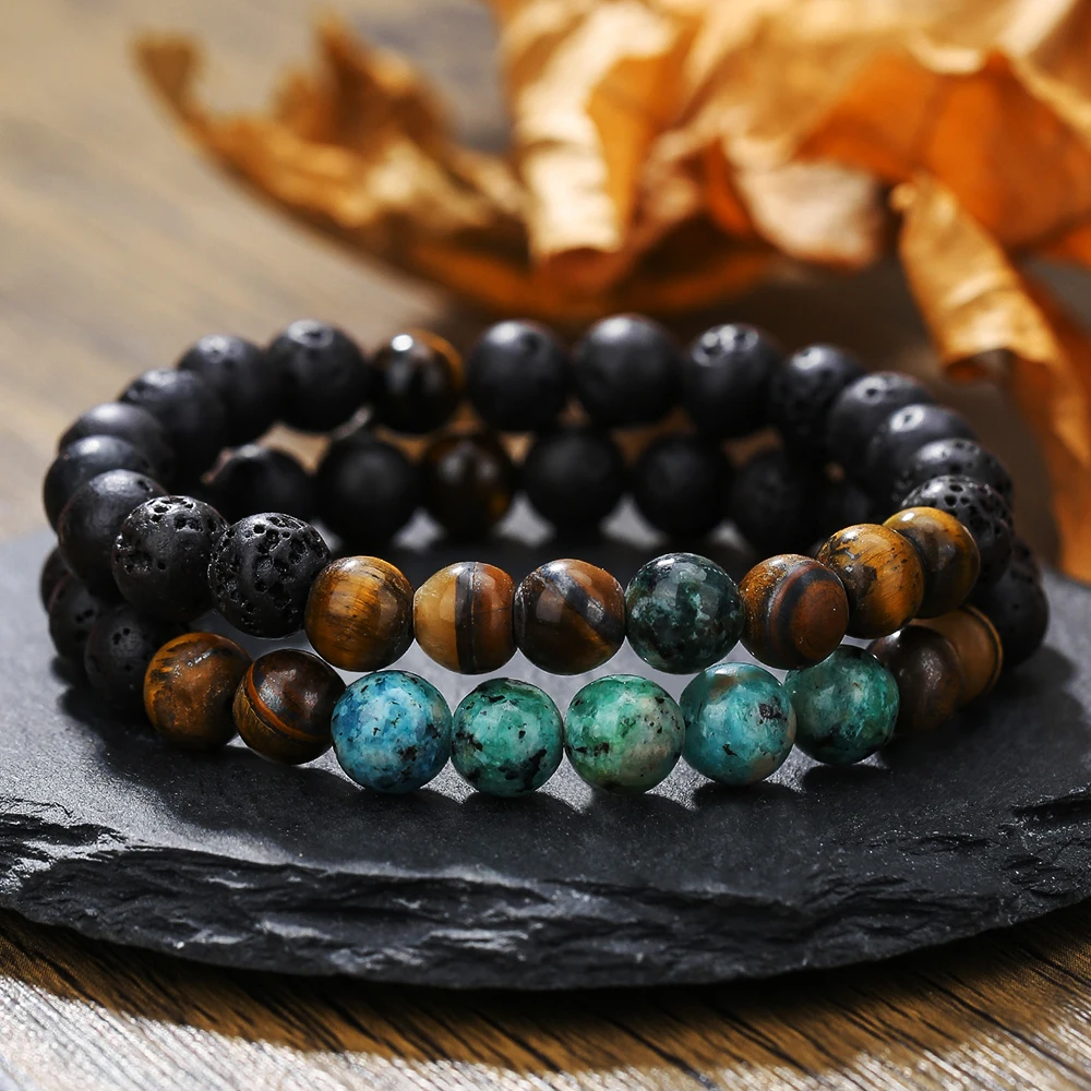 Punk Hip Hop Style Yellow Tiger Eye Volcanic Stone Beaded Bracelet 2-Piece Men's Natural Stone Bracelet Trend Men's Jewelry