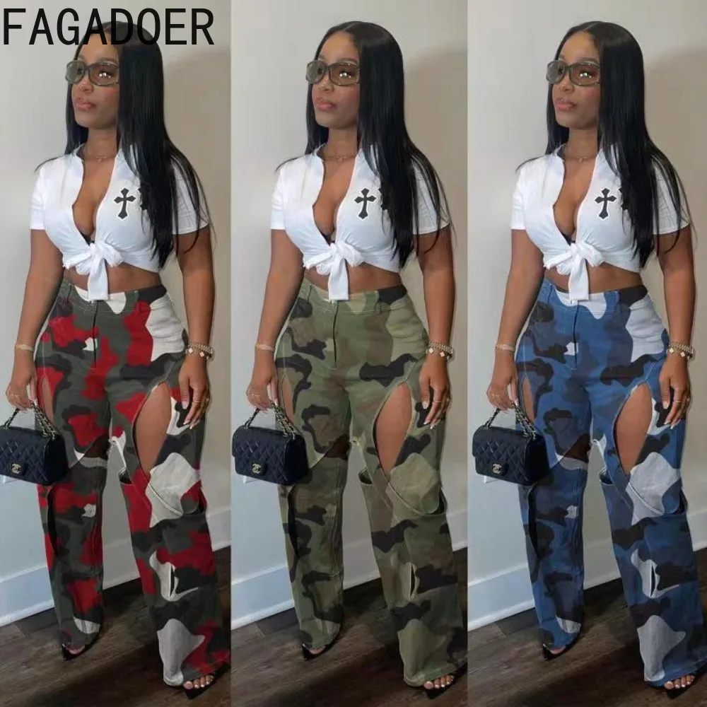 

FAGADOER Camouflage Cargo Pants Women Fashion Y2k Streetwear Hollow Out Pockets Wide Leg High Waist Straight Trousers Overalls