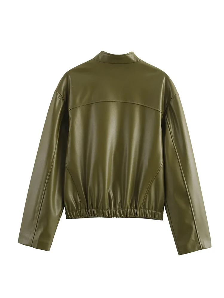 European style new women's fashion versatile temperament pocket imitation leather pilot long sleeve jacket