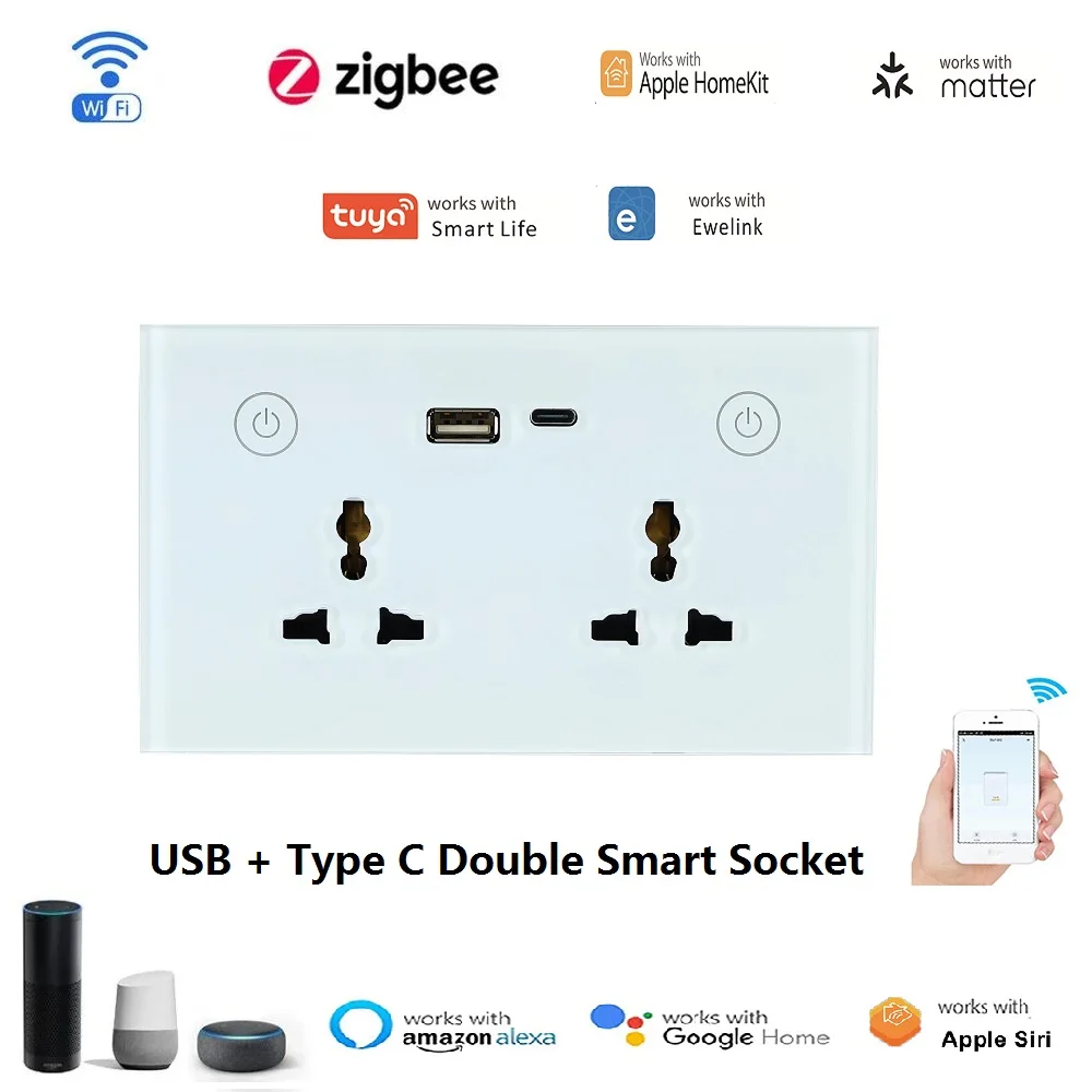 Tuya Ewelink Wifi Zigbee Matter Apple HomeKit 147 Wall Socket USB Type-C Universal Electrical Power Plug Outlet 16A Touch Switch