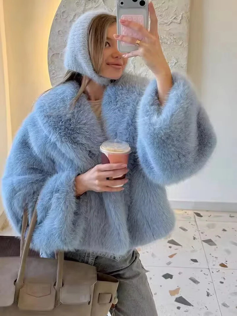 ZADORIN Chic Cozy Baby Blue Faux Fur Coat Women Winter Short Fur Jacket Big Lapel Thick Warm Fluffy Streetwear Women' s Clothes