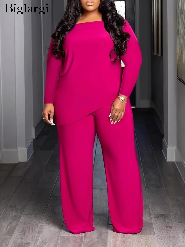 Grande taille printemps été 2 deux pièces ensemble femmes mode irrégulière décontracté à manches longues dames Blouses jambe large femme pantalon ample