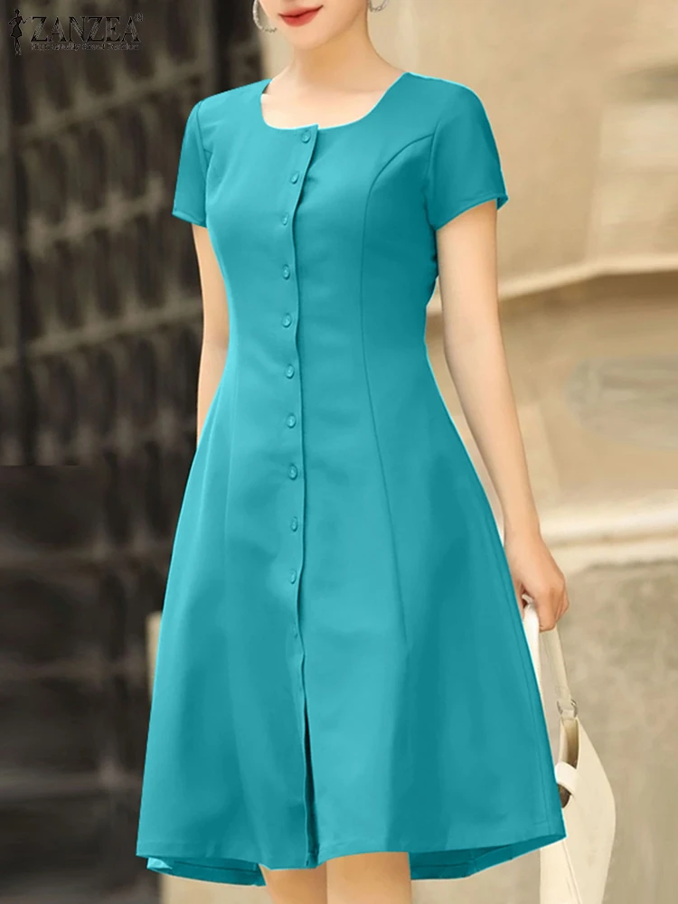 ZANZEA Elegantes einfarbiges Kleid für Damen, Sommer, kurzärmelig, Knöpfe, knielang, Sommerkleid, 2025, modisch, Vestidos