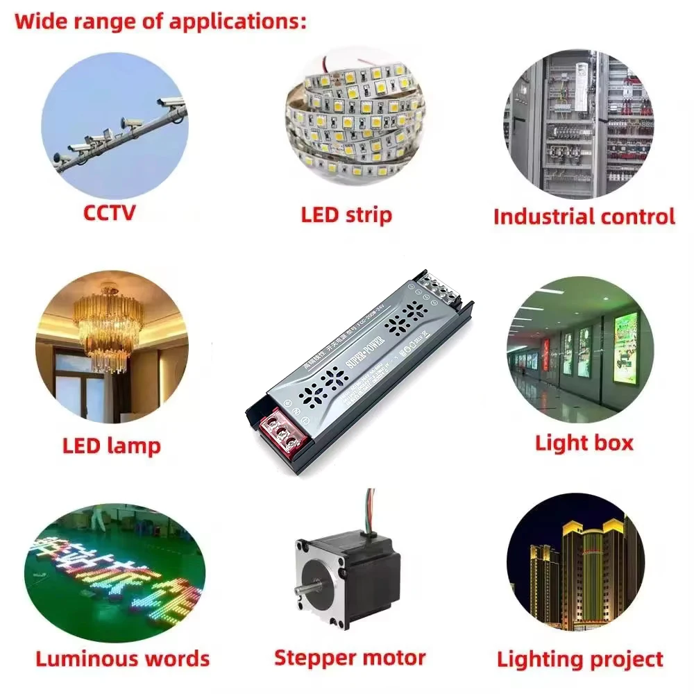 Transformador de iluminação dc 24v 12v adaptador de fonte de alimentação 5a 12a ultra fino led strip switch driver lâmpada 60w 100w 150w 200w 300w