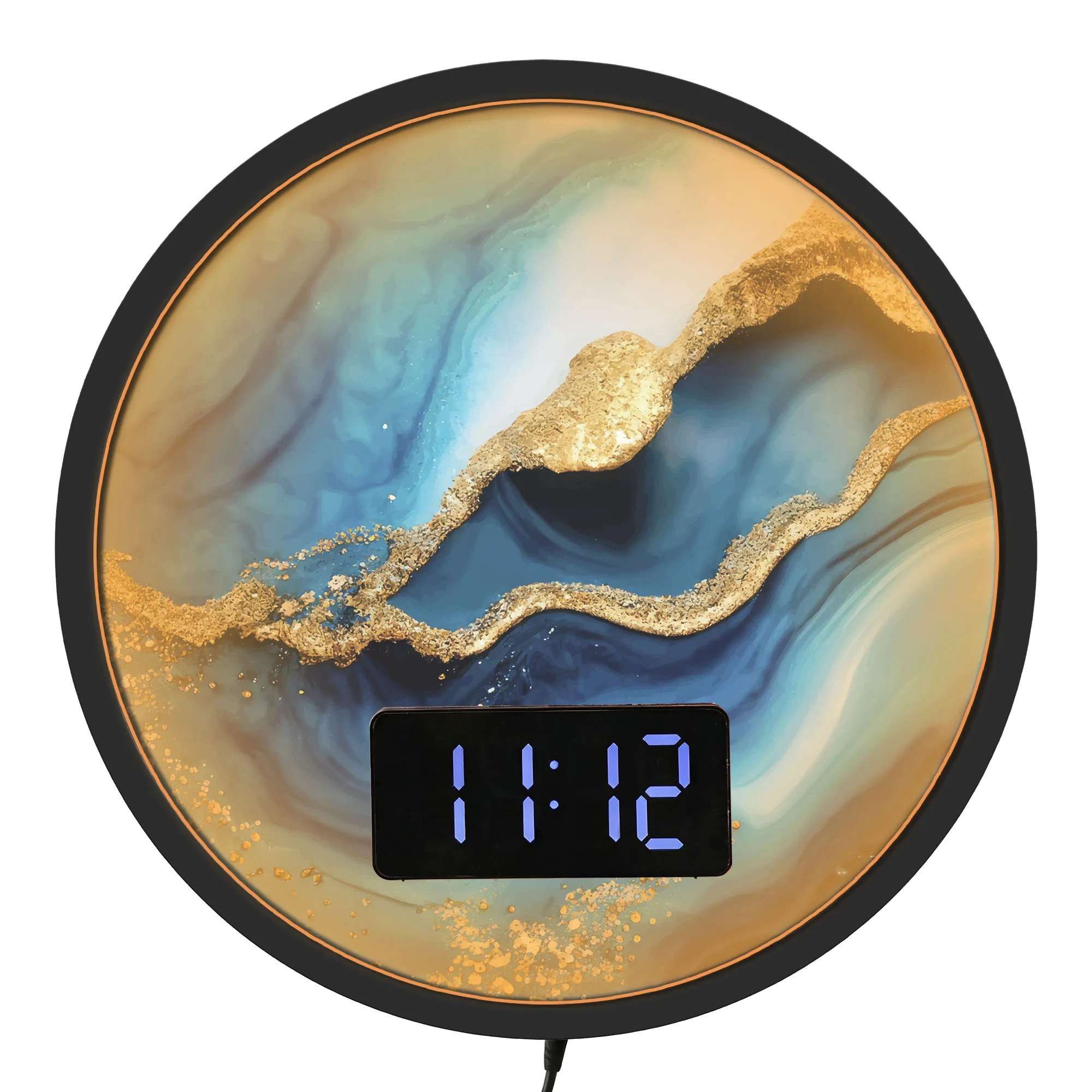 Blue Gold Marble Fluid Art LED Digital Wall Clock Luxury Interior Home Decor Modern Design Gentle Decorative Ambient Lighting