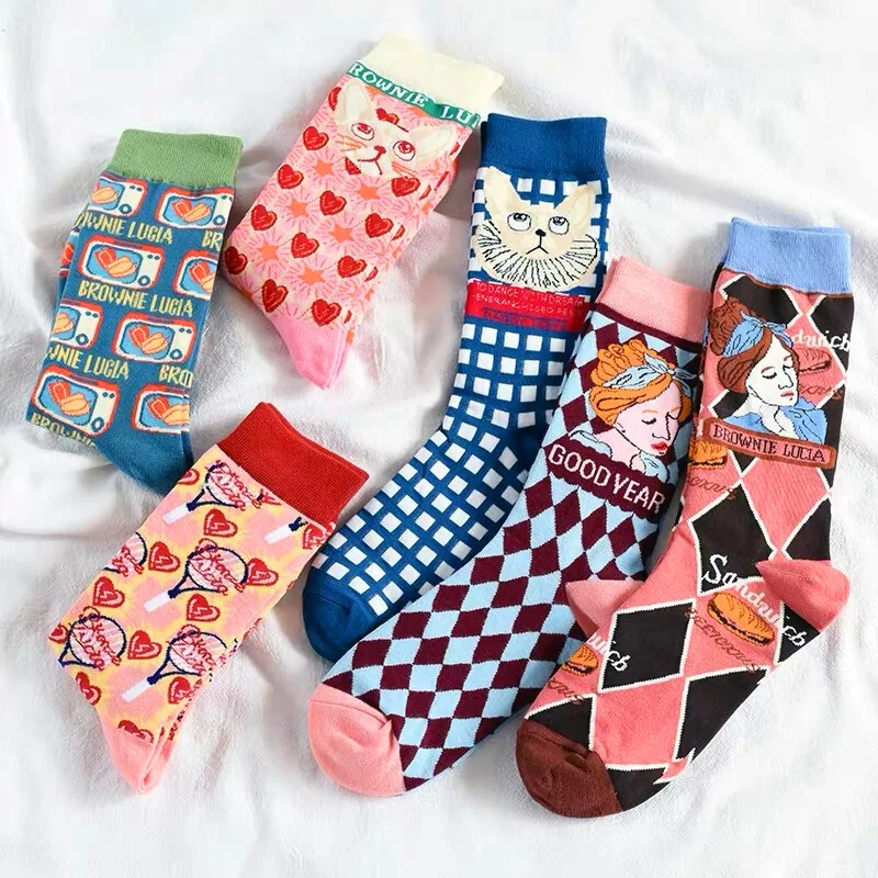 6 Pairs Graffiti Socks Cat Cute Fashion Personality Tide Socks Cartoon Animal Ins Trend Couple Socks Mid Tube Winter Socks Women