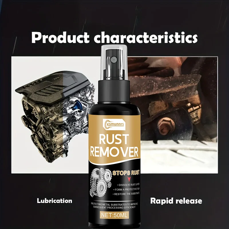 Multi-purpose metal rust remover, suitable for metal parts, tools, and vehicle surfaces, works instantly with just a spray