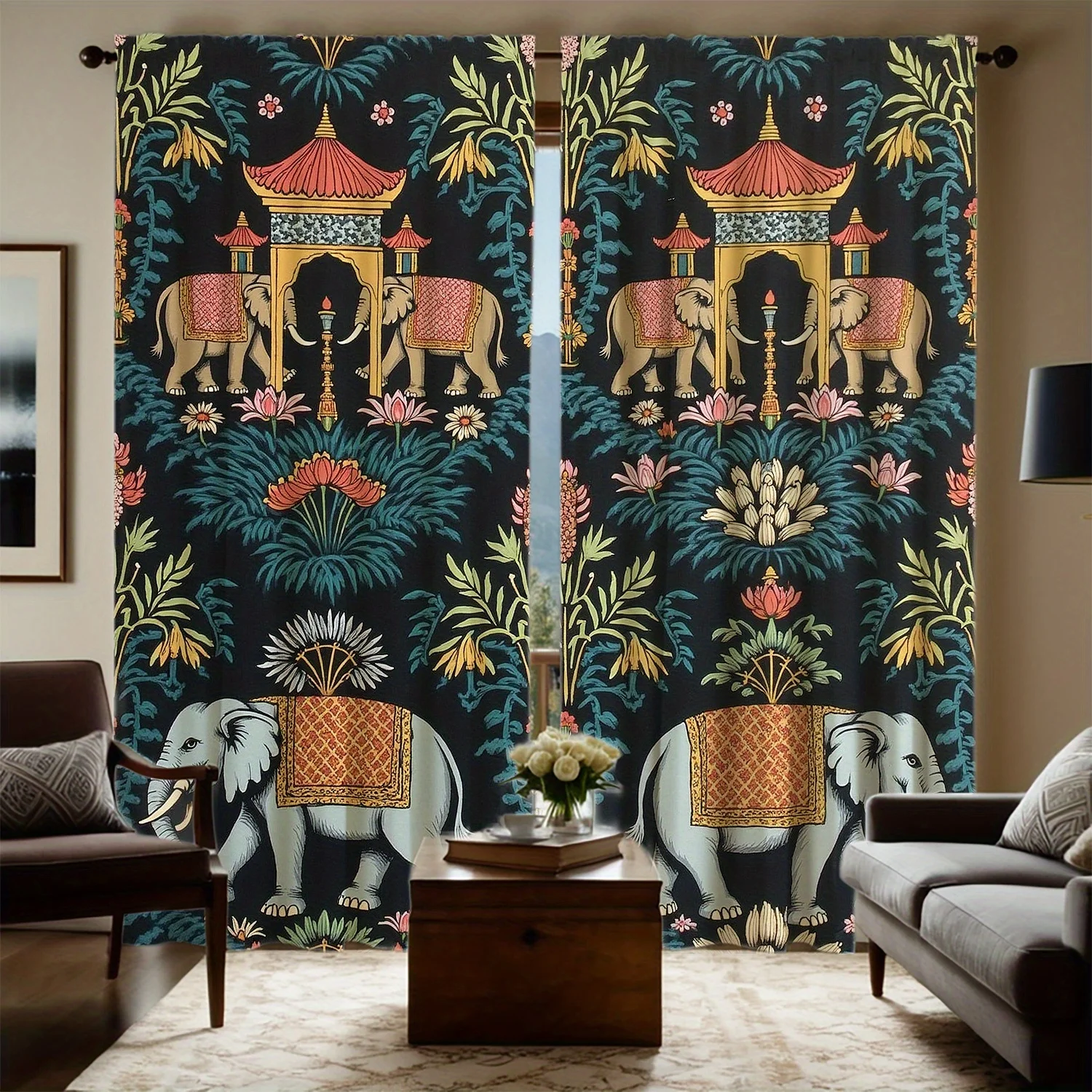 2pcs Vibrant Elephant & Pagoda Print Curtains - Dark Blue Floral Design, Plush Fabric, Semi-Transparent, Rod Pocket Style for