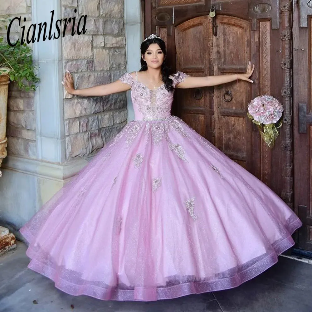 Vestido De princesa rosa con apliques, vestido De quinceañera con purpurina, fiesta De cumpleaños De 15 Años, 2022