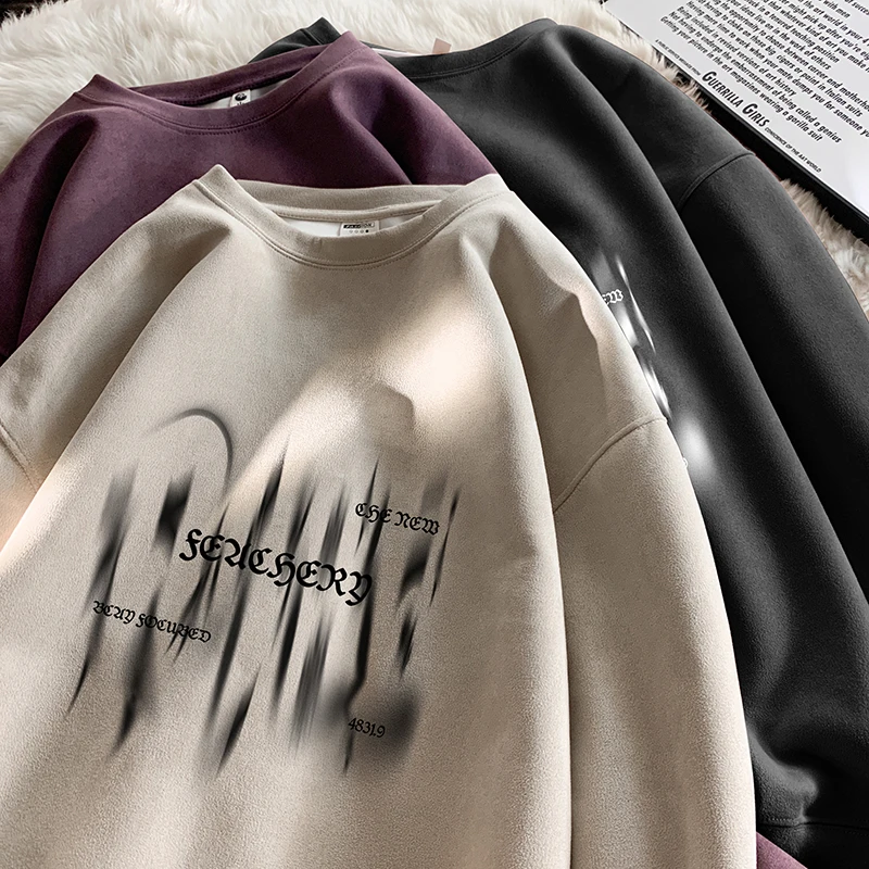 Suede Heavyweight Sweatshirt Gothic Print Round Neck Pullover Sweatshirts High Street Couple Hoodie Male Female Clothes