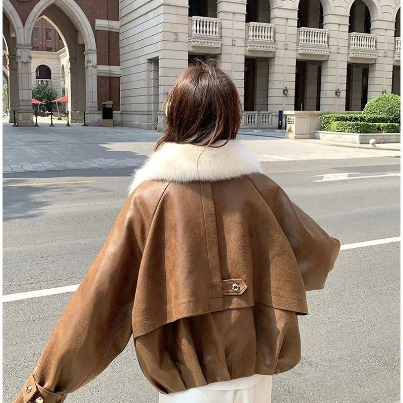 Women's Winter New Maillard High-end Casual Thick Coat Loose  Beautiful Caramel Color Big Fur Collar Fur Integrated Down Jacket
