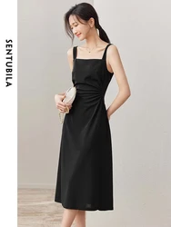 SENTUBILA Elegant Black Sundress Midi Draped Dress for Women 2024 Spring Summer Lady Square Collar Sleeveless Dresses 133L50111