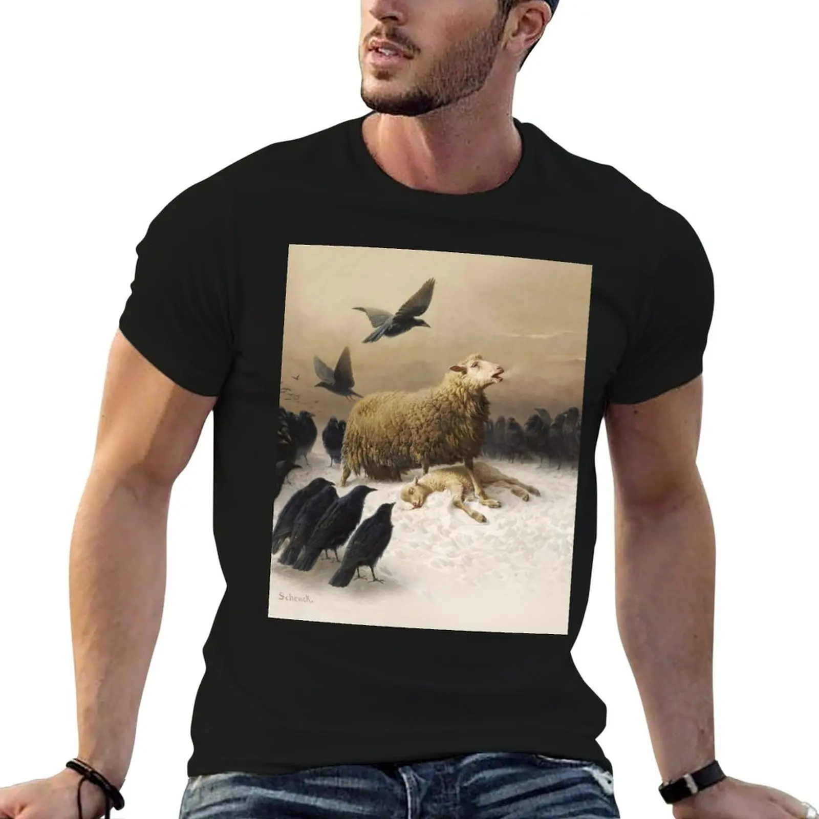 Anguish Angoisses fine art oil painting by August Friedrich Schenck 1878 Mother sheep ewe with lamb and black crows HD H T-Shirt