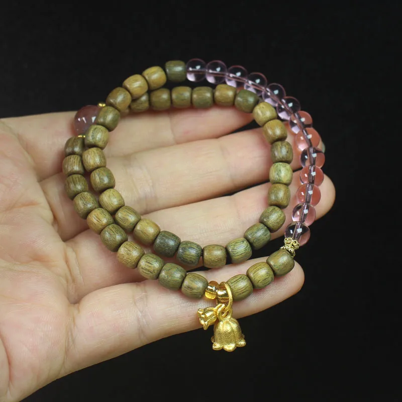 Green Sandalwood 0.6mm Bead Double Circle Bracelet with Golden Lily of the Valley Pendant, Women's Forest Style Prayer Beads