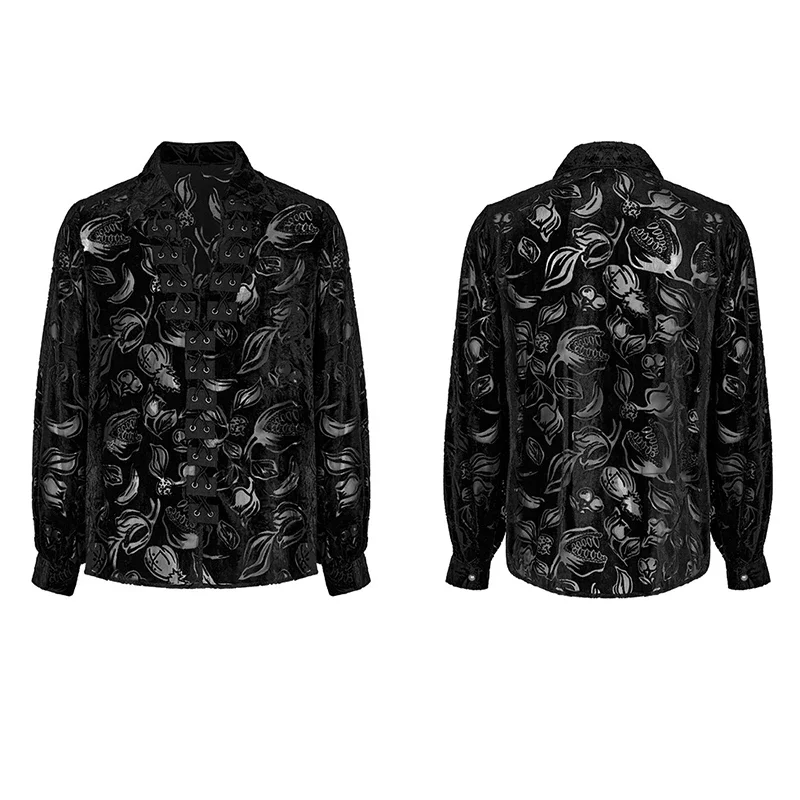 PUNK RAVE Men\'s Gothic Piranha Pattern Lantern Sleeve Velvet Shirt Gorgeous Party Loose Tops Spring/Autumn Shirts for Men