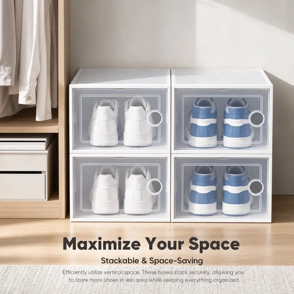 Stackable Shoe Storage Boxes, Clear Plastic Shoe Organizer, Dustproof & Foldable Shoe Containers for Sneakers and Heels—Availabl