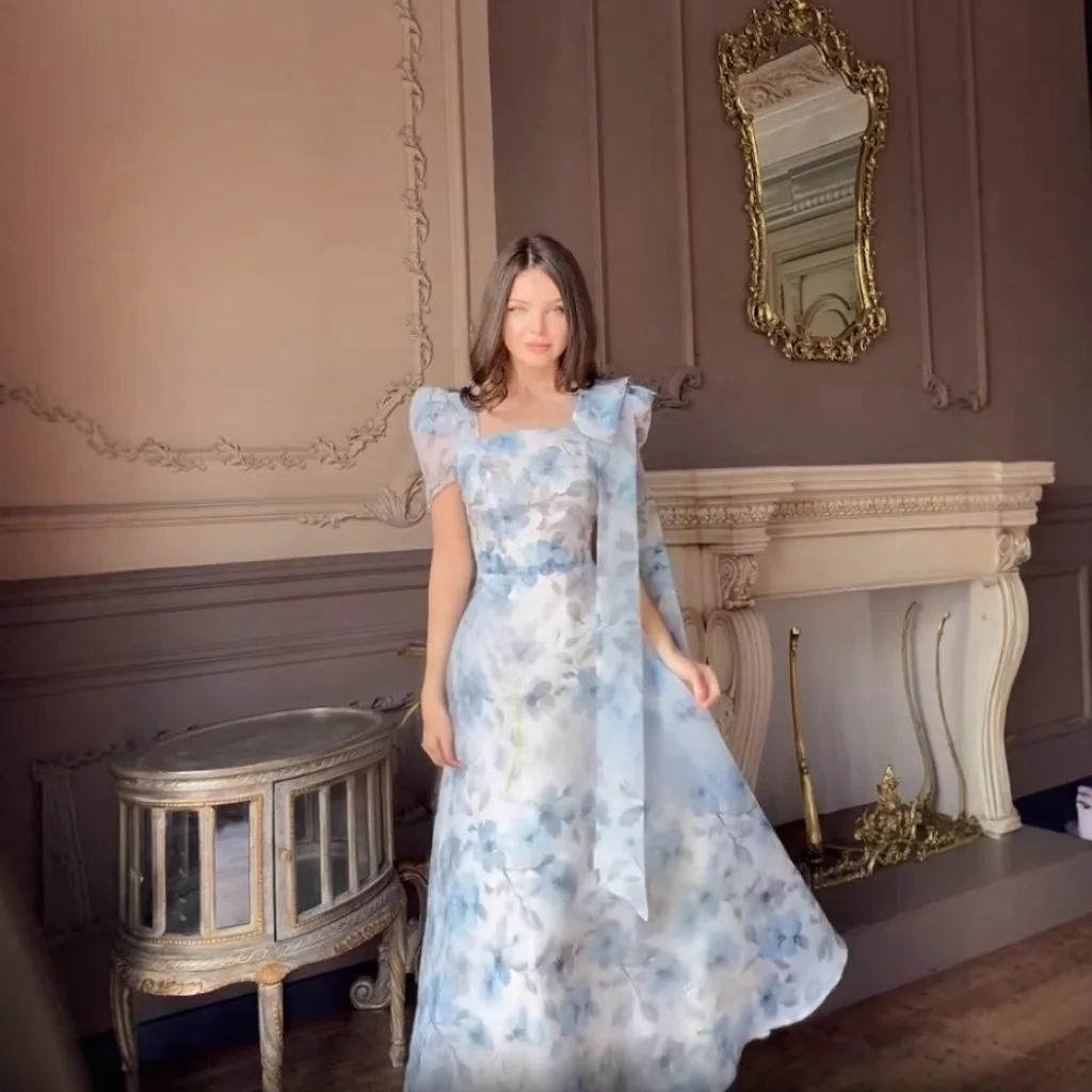 女性プリントドレス Aライン半袖ロングドレス スリムフィット エレガントスクエアカラー スプライスドレス パーティー プロム サマードレス