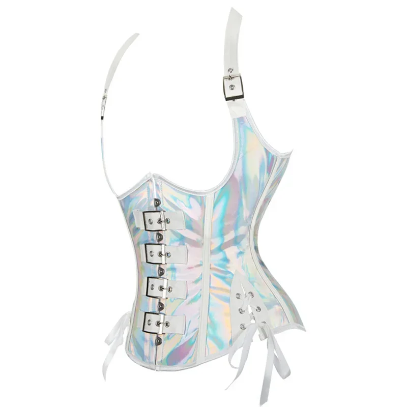 مشد Steampunk القوطي العلوي من جلد البولي يوريثان بوستير تحت الصدر مع حزام رسن فضي وأسود للهالوين كورسيليت