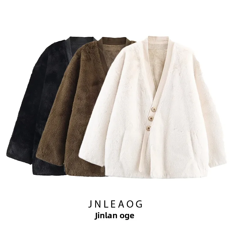 JNLEAOG Women's Faux Fur Jaet Tee-Button Patchwork Leather V-Ne Long Sve Polyester Fiber Coat for Autumn Season