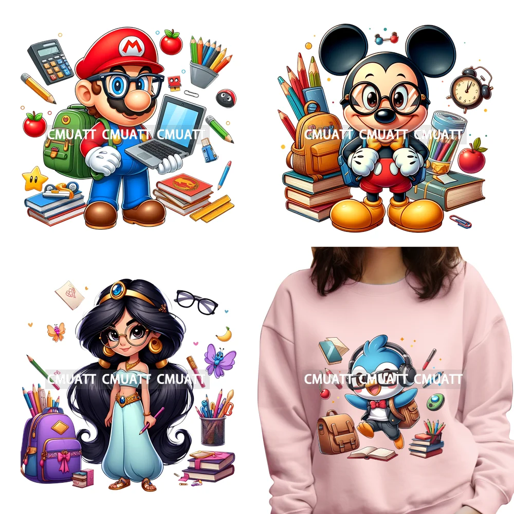 

Funny Cartoon Character Back To School Teach Student Love Iron on Washable DTF Transfers Stickers Ready to Press for T-shirts