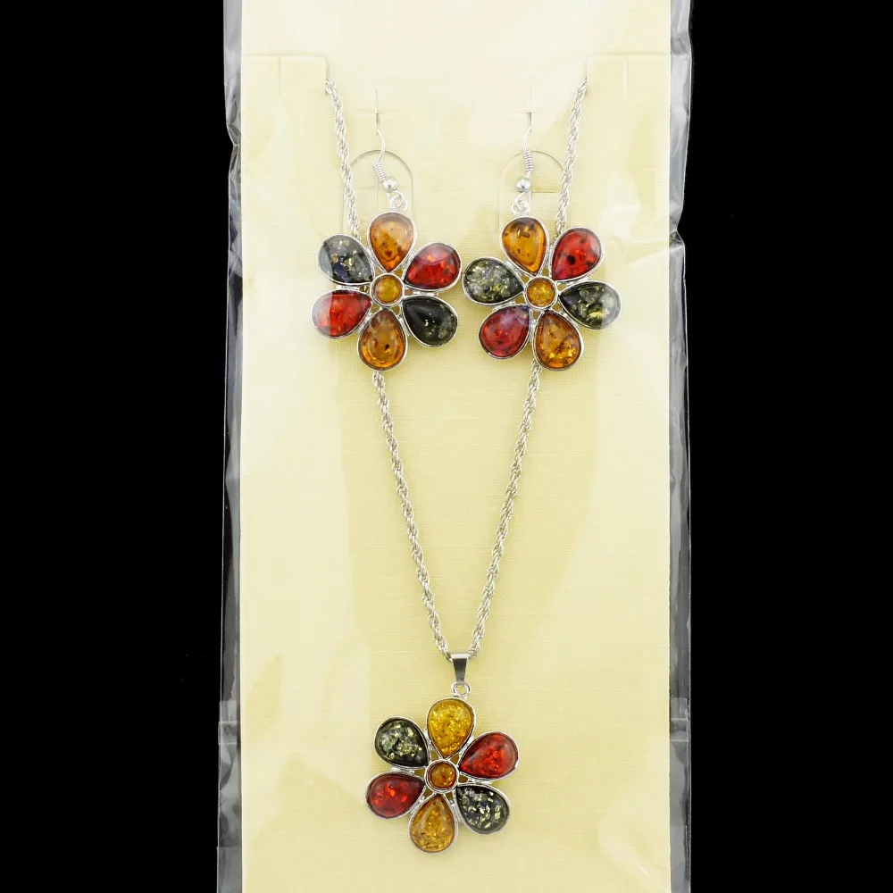 Colorful Baltic Simulated Honey Flower Earrings Necklace Women\'s Wedding Jewelry Set L40901