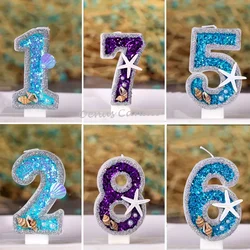 Vela de cumpleaños de sirena de 1 año para pastel, vela brillante de pez de mar azul, adorno para decoraciones de fiesta, suministros