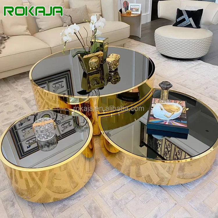 

Hot-selling products Round glass top coffee table set Creative matte gold Stainless steel frame Marble center coffee table