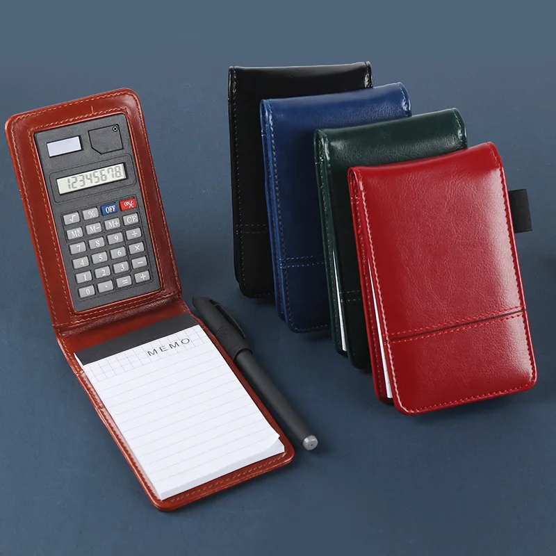 A7 Pocket Notepad Leather Notebook Planner Small Daily Memo with Calculator and Pen Multifunction Business Office Stationery