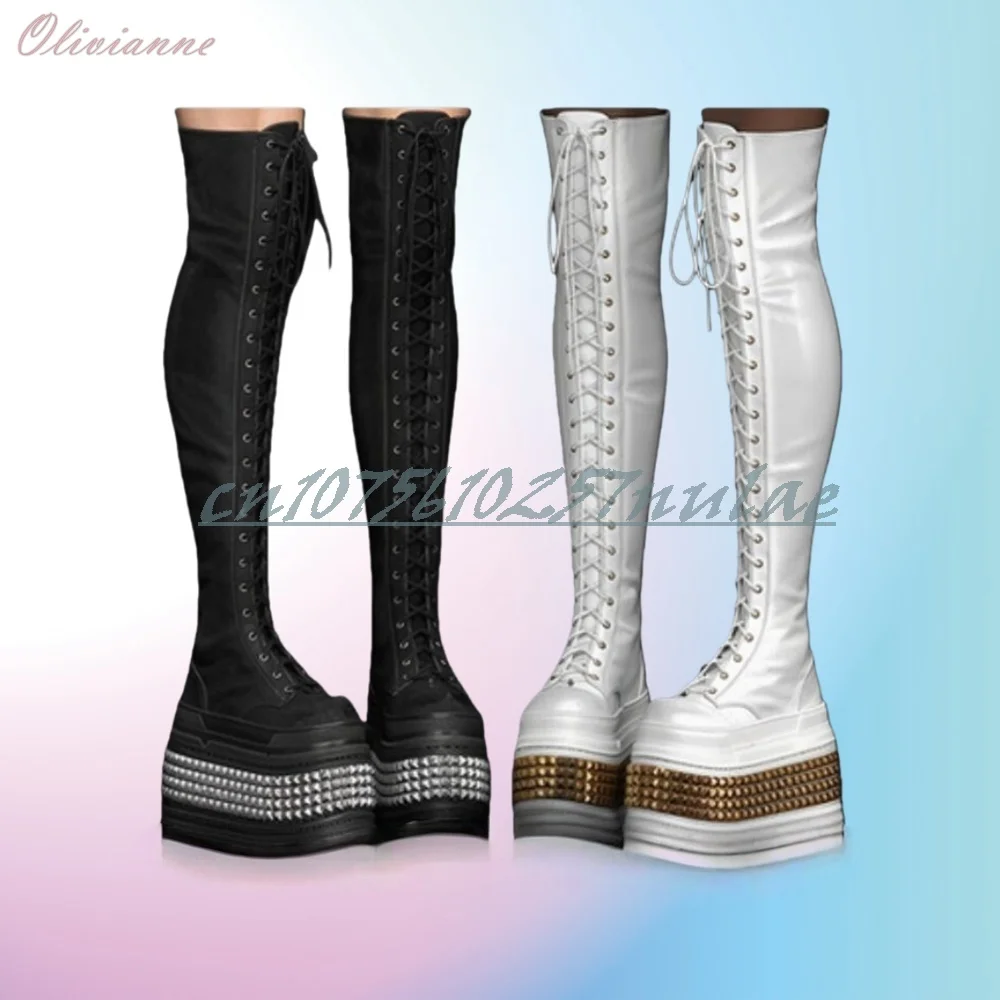 

Black Thick Soled Rivets Decor Platform Over the Knee Boots Front Lace-up Party Fashion Punk Women Shoes 2025Autumn Para Mujere