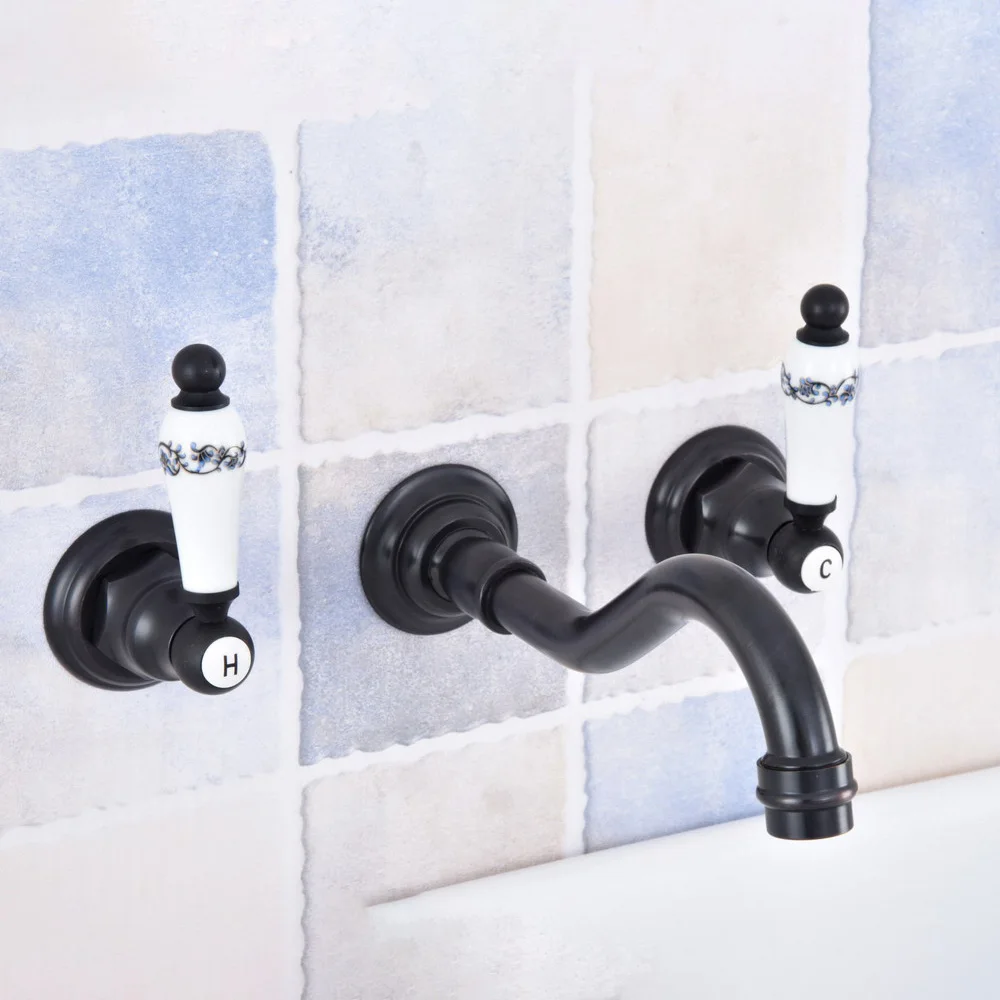 

Black Oil Rubbed Brass 2 Ceramic Handle Wall Mount 3 Hole Widespread Bathroom Lavatory Vessel Basin Faucet Sink Mixer Tap dsf496