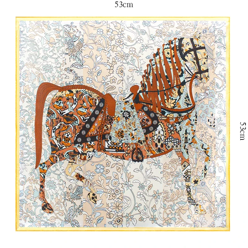 100% Mulberry Silk Scarf 53x53cm Retro Horse Floral Print Square Neck Scarf Bandana for Women Elegant Neckerchief Office Daily