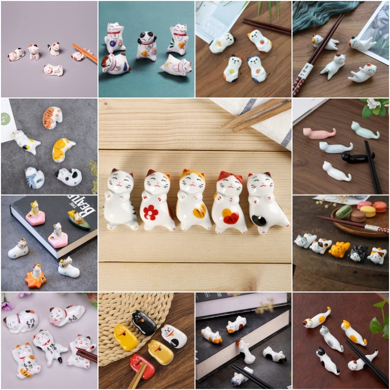 

Japanese-style Cat Chopsticks Holders Ceramic Csts Sculpture Craft Kitchen Table Decoration Accessories Quill Stand Rack Tea Pet