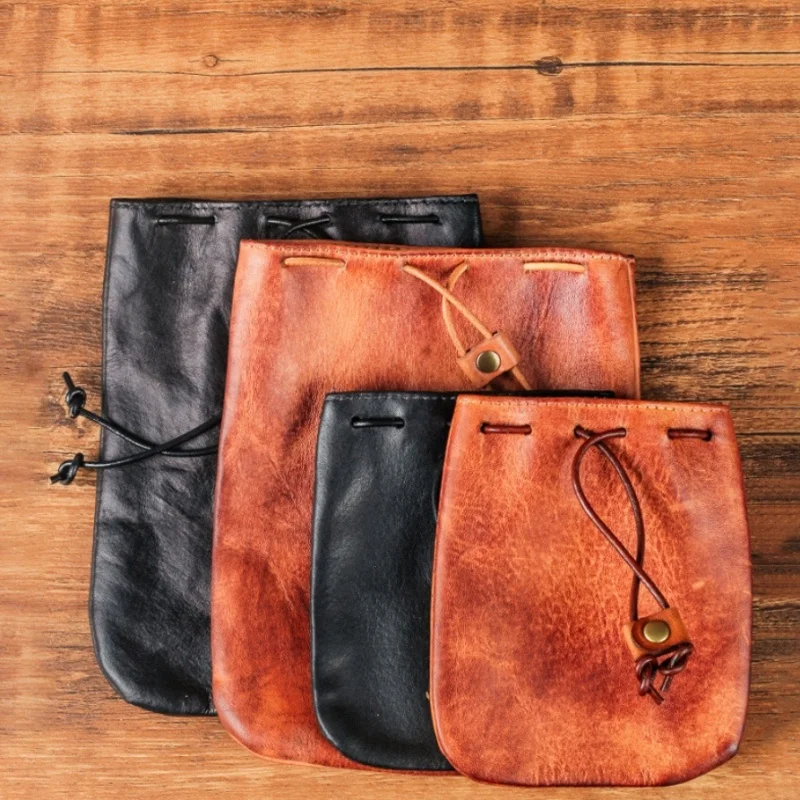 

Full Grain Cowhide Universal Tobacco Storage Pouch Drawstring Closure Retro Hand Craft Portable Design Daily Commute Pipe Bag