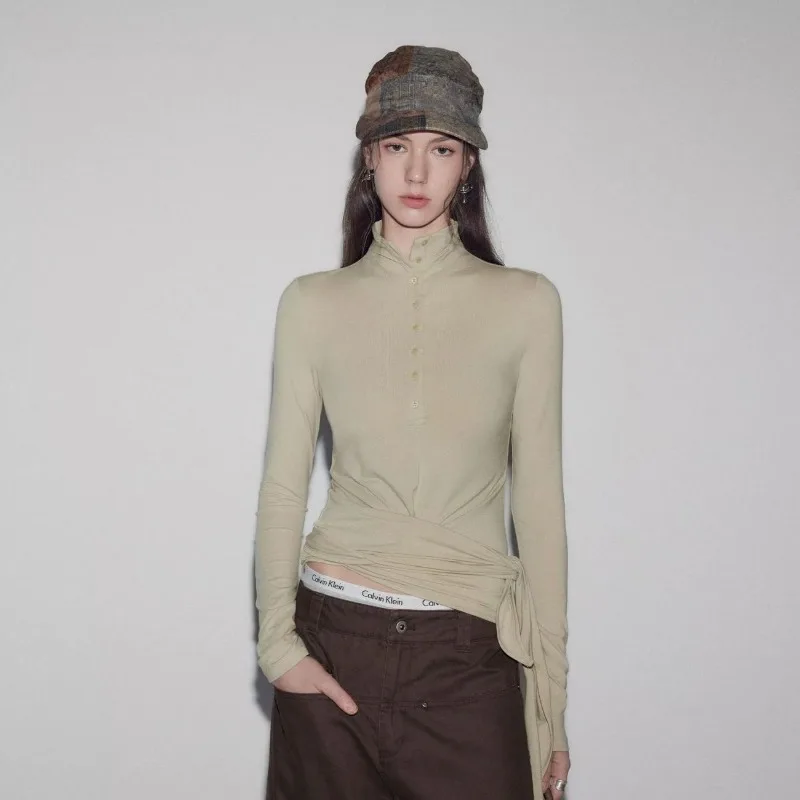 Minimalist Women Half Placket High Neck Long Sleeve T Shirt Slim Fit Tie Waist Wrap Design Casual Base Top
