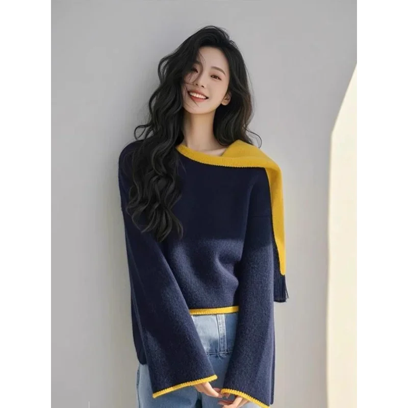 Pull Design de Style paresseux pour femmes, haut à la mode, nouveau col écharpe, pull intérieur tendance, printemps et automne