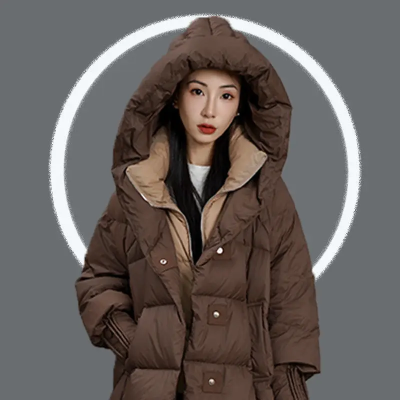 겨울 새 여성 다운 재킷 느슨한 통근자 후드 가짜 두 개의 거위 다운 재킷