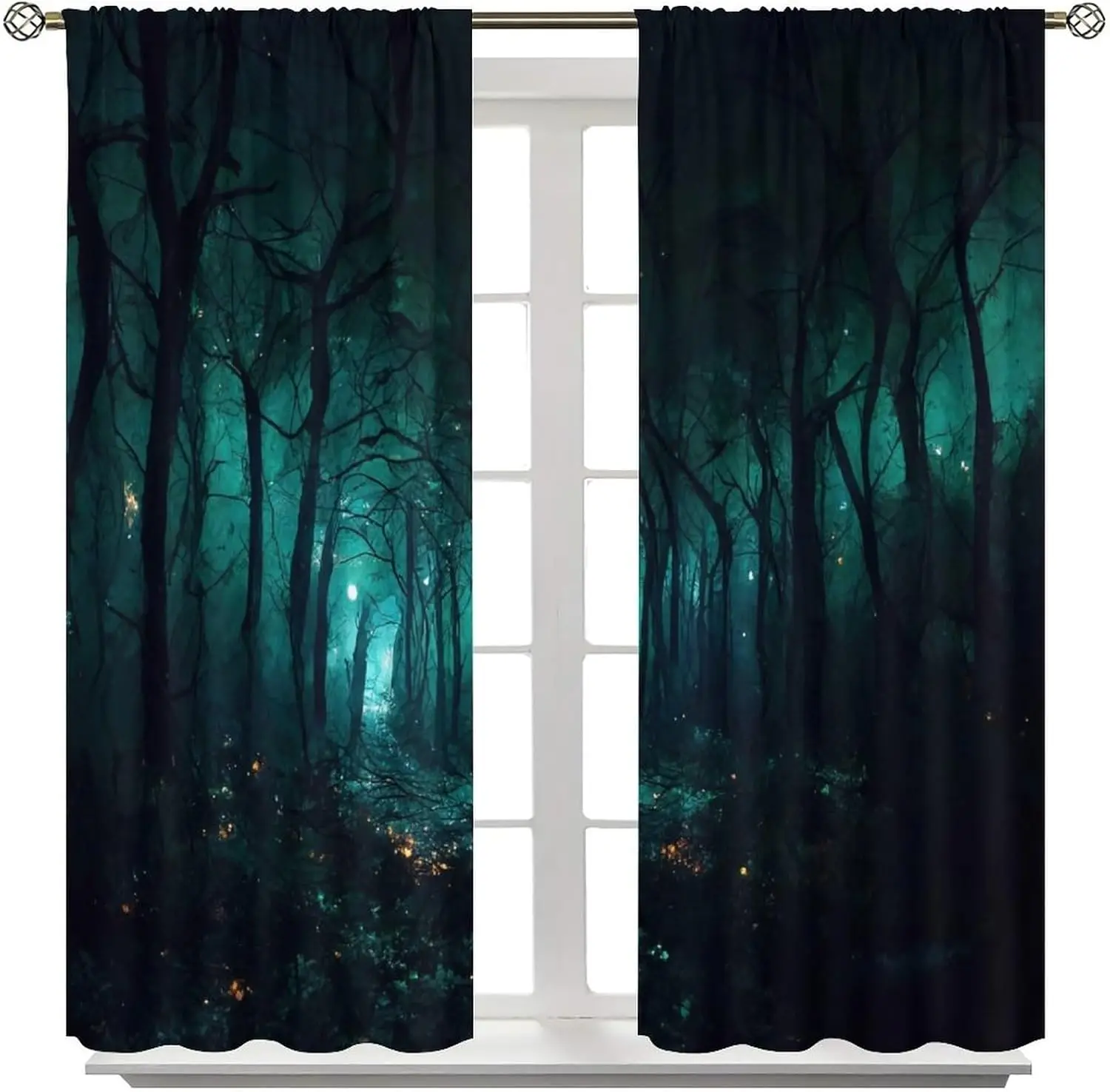 Gothic Forest Curtains, Darkness Spooky Window Treatments, Creepy Horror Dark Tree Halloween Fireflies Window Drapes for Bedroom