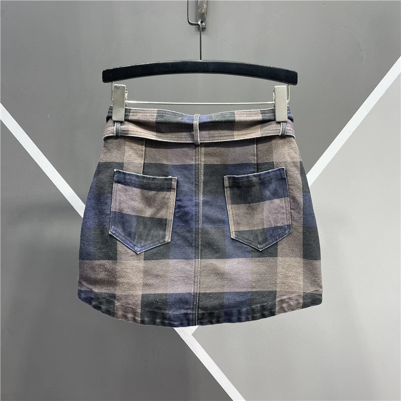 Vintage Plaid Denim Skirt With Belt A-line High Waist For Women Mini Skirts Korean Chic Slim Fit Casual 2024 Summer New Fashion