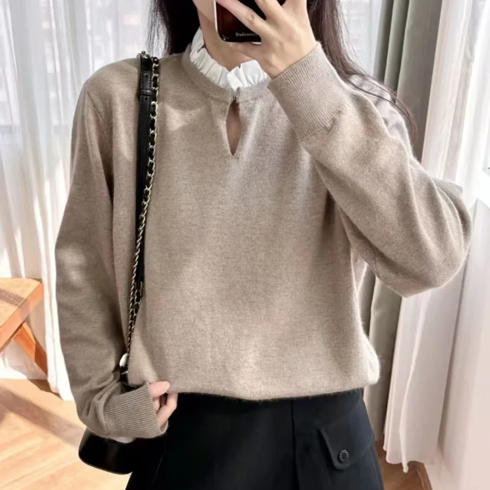 Ele المرأة محبوك سترة لينة مريحة اللون Blo هول اللكم طوق وهمية قطعتين الخريف الشتاء وصول جديد