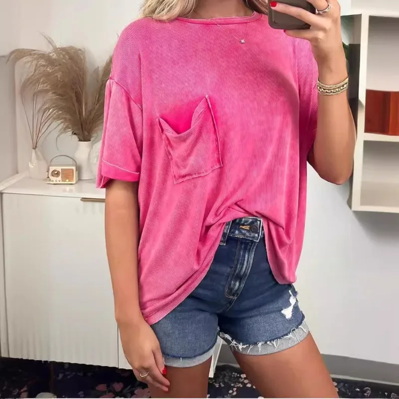 

Summer Fashion Commuting Blouses Loose Pockets O-neck Short Sleeves Solid Color Casual T-shirts Female New Versatile Pullovers